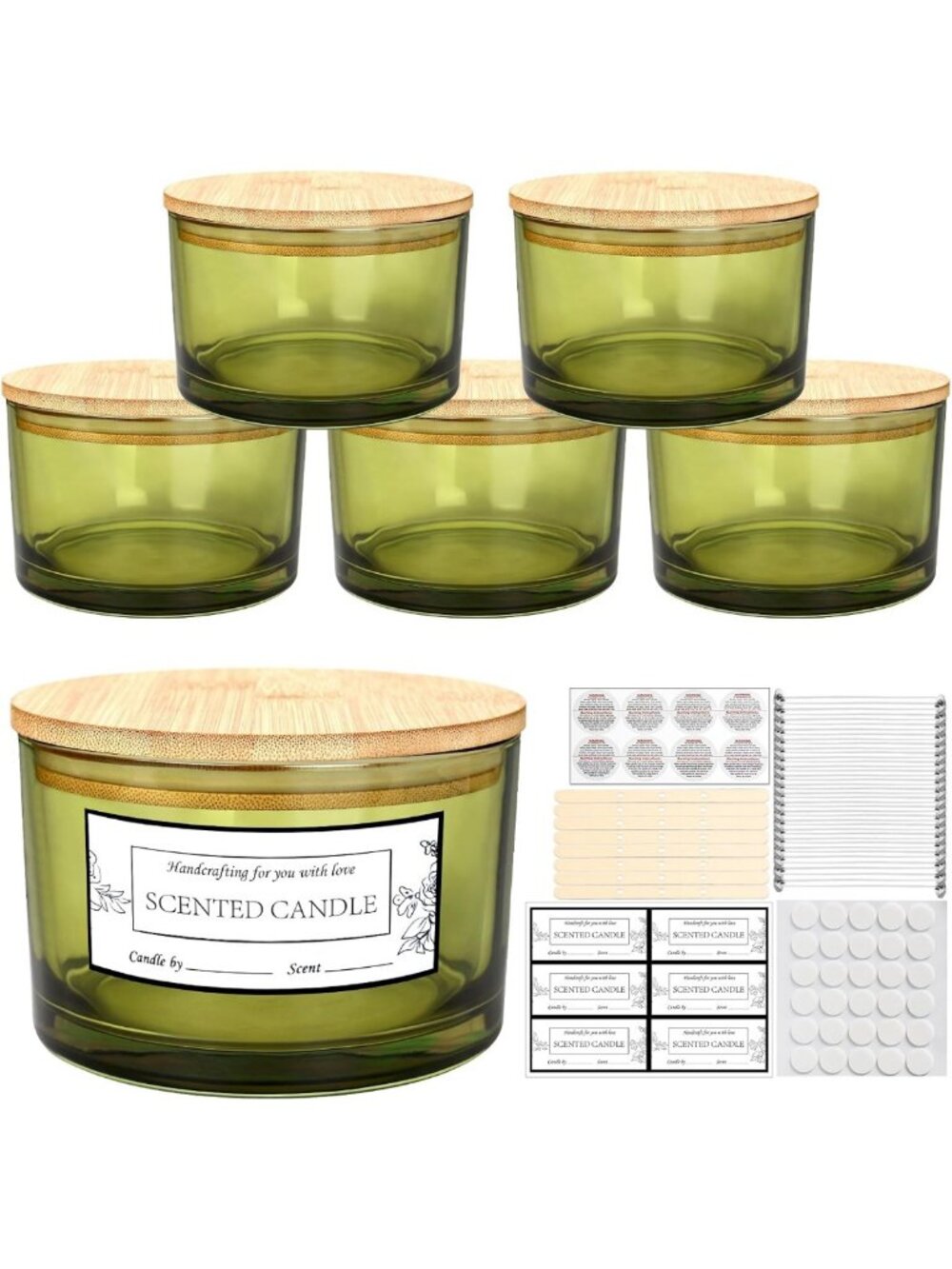 6 Pack 24oz Olive Green Glass Candle Jars with Airtight Bamboo Lids